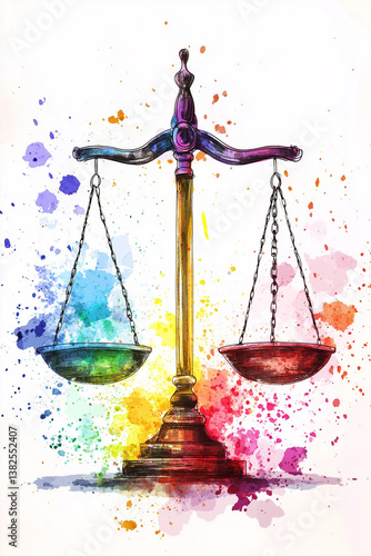 Abstract scales of justice in vibrant rainbow colors, symbolizing equality, balance, and fairness on a clean white background.