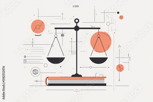 Minimalist vector illustration of justice scales standing on a book, surrounded by abstract tech-inspired symbols and diagrams.