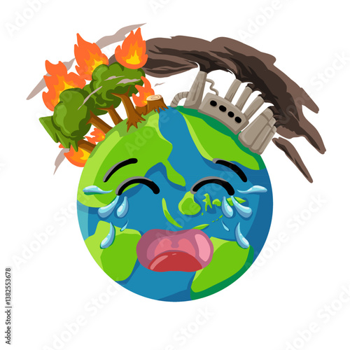 Crying Earth in Distress: Climate Change Impact Vector Illustration