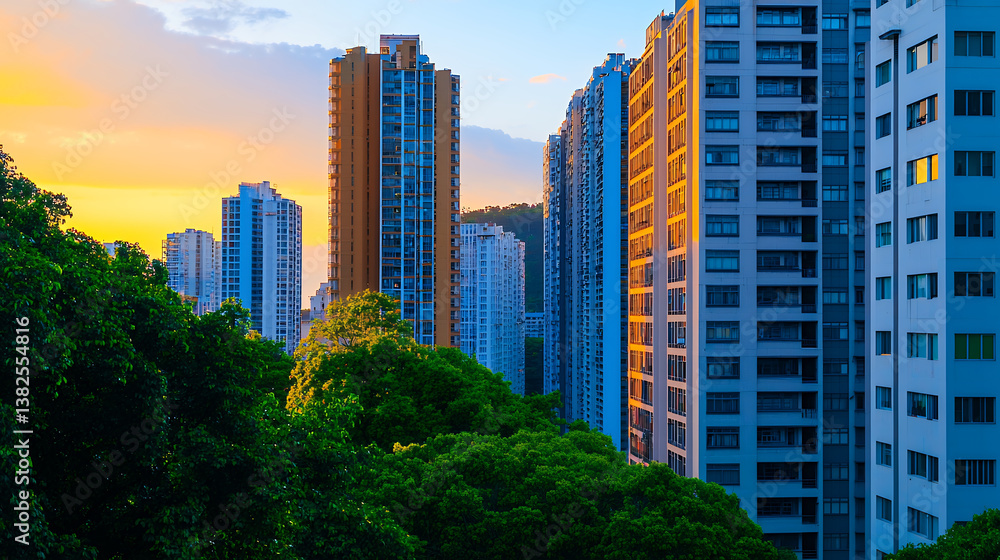 vibrant cityscape at sunset, showcasing modern skyscrapers amidst lush greenery, creating serene urban atmosphere vibrant cityscape at sunset, showcasing modern skyscrapers amidst lush greenery, creating serene urban atmosphere
