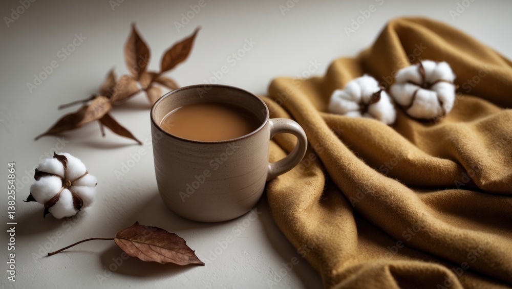 Fototapeta premium Autumn arrangement. Cotton blossoms, plaid fabric, coffee cup in the background. Flat lay, overhead view.