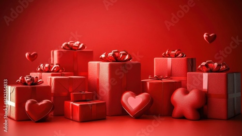 red valentines day gift boxes and hearts