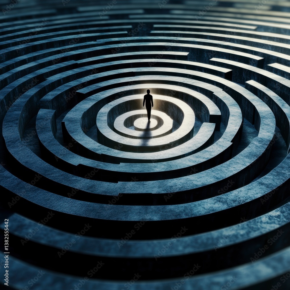A lone figure walks towards a light at the center of a large, circular maze. The maze is dark and textured. A lone figure walks towards a light at the center of a large, circular maze. The maze is dark and textured.