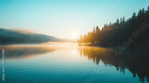 Wallpaper Mural A misty morning by the lake with a golden glow, trees reflected on the water, and the peaceful calm of nature at dawn.. Torontodigital.ca