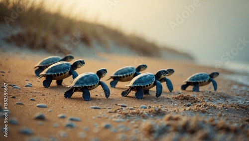 Baby turtles scurrying on a sandy beach heading towards the ocean.
