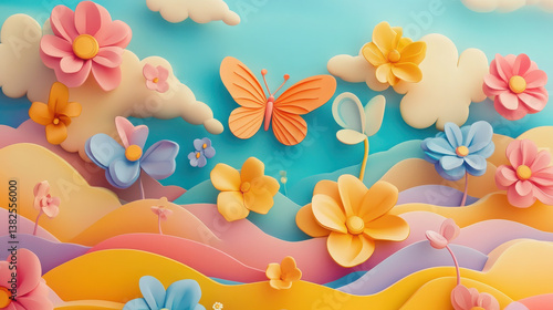 A vibrant paper-cut landscape with flowers and a butterfly against a colorful background.