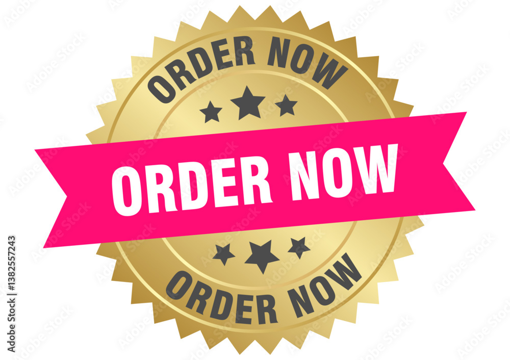 order now. order now round pink and gold label isolated on transparent background order now. order now round pink and gold label isolated on transparent background