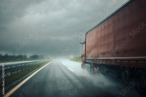 Overtaking a truck on the highway in the rain