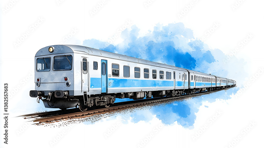 Fototapeta premium colorful illustration of train traveling along railway track, showcasing its sleek design and vibrant blue accents against soft watercolor
