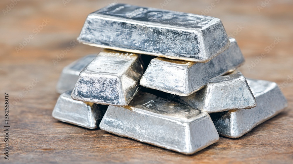 Close up view of a stack of silver bars on a wooden surface. Close up view of a stack of silver bars on a wooden surface.