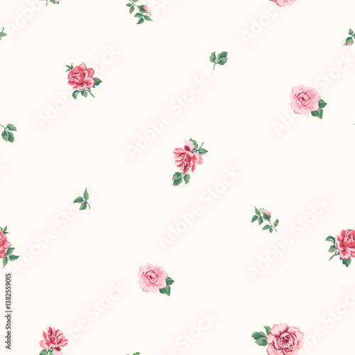 Seamless Millefleurs Floral Pattern with Small Hand-Drawn Flowers Roses in Liberty Style. Vintage Spring Bouquet Design for Fashion Prints. Small Roses on Light Background, Rococo. Rustic