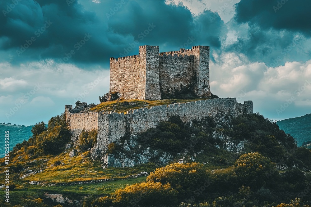 An old stone castle sits on top of a hill under a cloudy sky An old stone castle sits on top of a hill under a cloudy sky