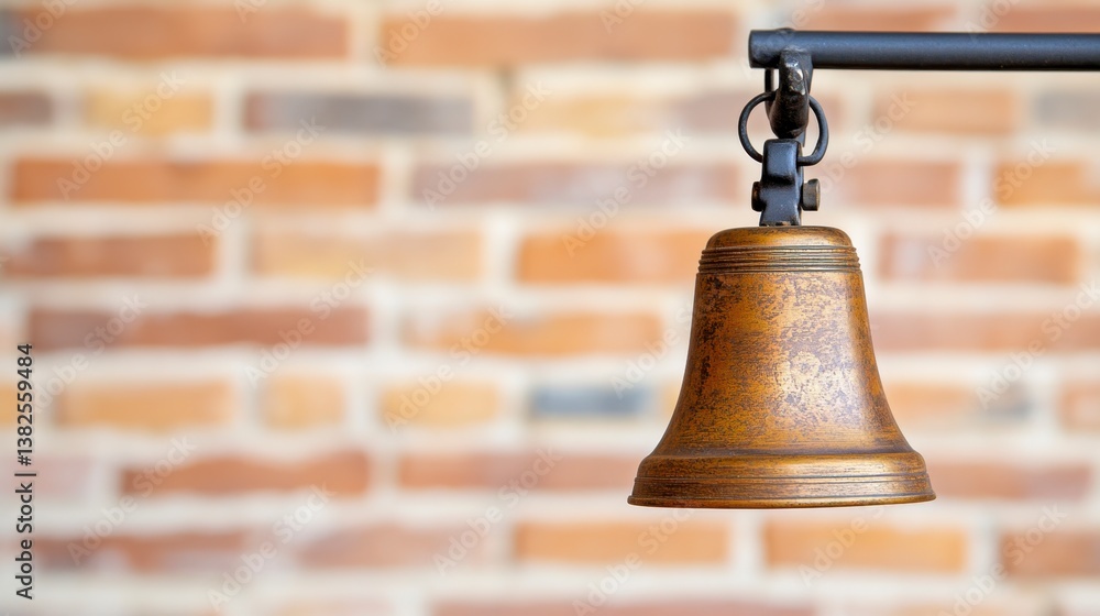 Obraz premium Close up of a vintage brass bell hanging against a blurred brick wall background.