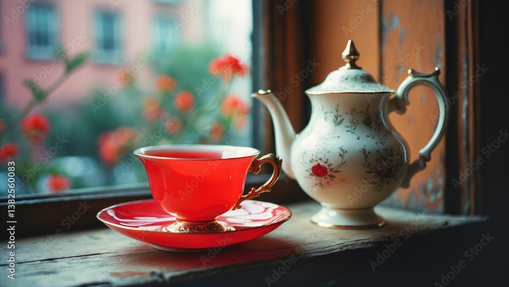 Fototapeta premium Red teacup with white teapot on wooden windowsill featuring a blurred background. Vintage appearance.