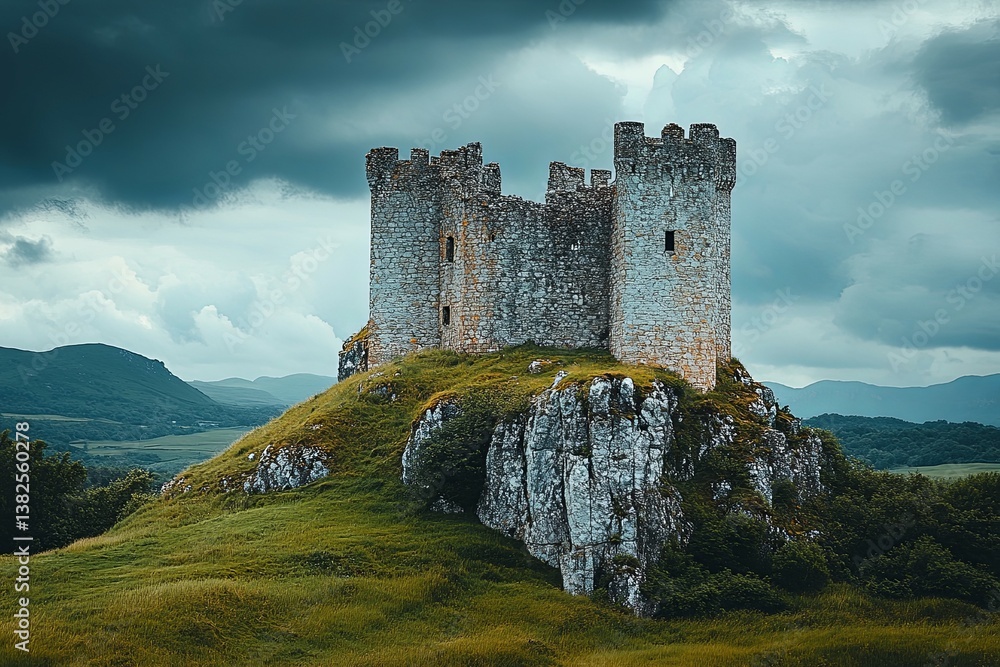 Ancient stone castle perched atop a green hill overlooking a landscape Ancient stone castle perched atop a green hill overlooking a landscape