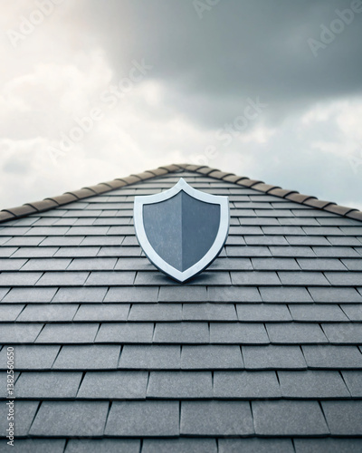 Shield Symbol on Gray Shingle Roof Against Dramatic Cloudy Sky