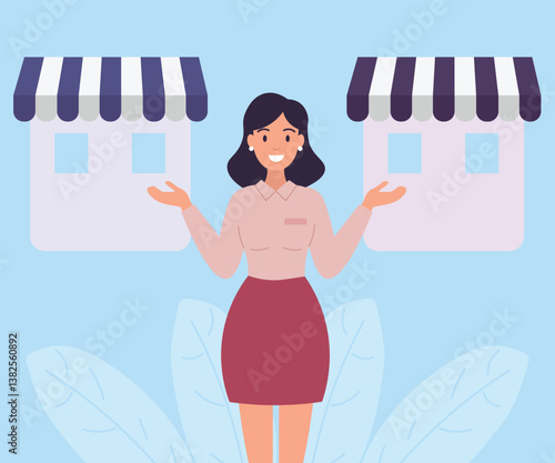 female employee who is comparing and offering 2 stores. choosing a store. comparing between two stores