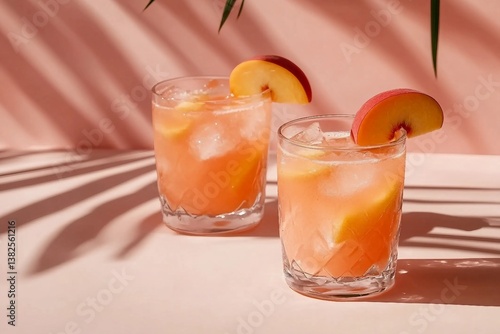 Wallpaper Mural Fresh delicious summer iced fruit drinks, peach soft cocktails in glasses on vibrant peach color background with palm foliage sun light shadows, empty copy space. Torontodigital.ca