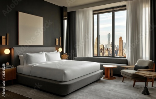 Contemporary hotel bedroom featuring a large bed and city view