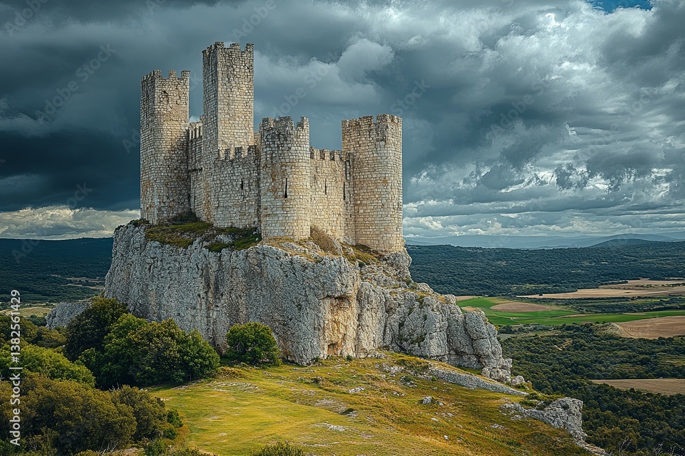 A majestic medieval castle stands atop a rocky mountain landscape A majestic medieval castle stands atop a rocky mountain landscape