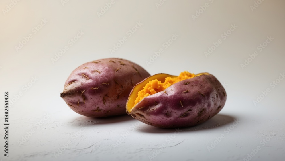 Obraz premium Baked sweet potato against a white backdrop.