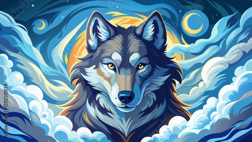 Intense portrait of a majestic wolf-dog hybrid emerging from ethereal white clouds, with piercing eyes and a regal, calm demeanor, staring directly ahead
