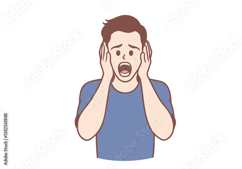 young handsome man looking unpleasantly shocked, scared or worried, mouth wide open and covering both ears with hands. Hand drawn style vector design illustrations.