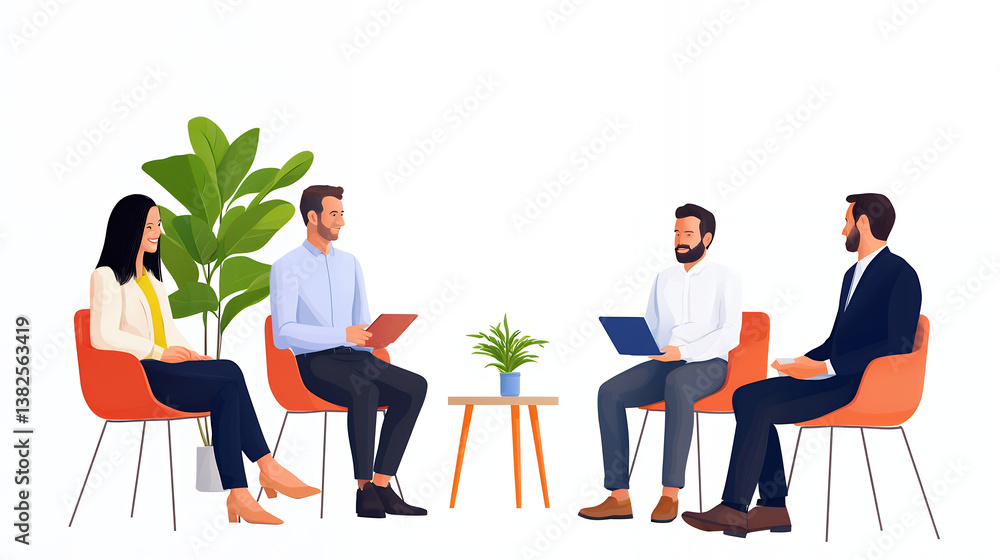 Collaborative meeting with four professionals discussing ideas in modern office setting, showcasing teamwork and engagement