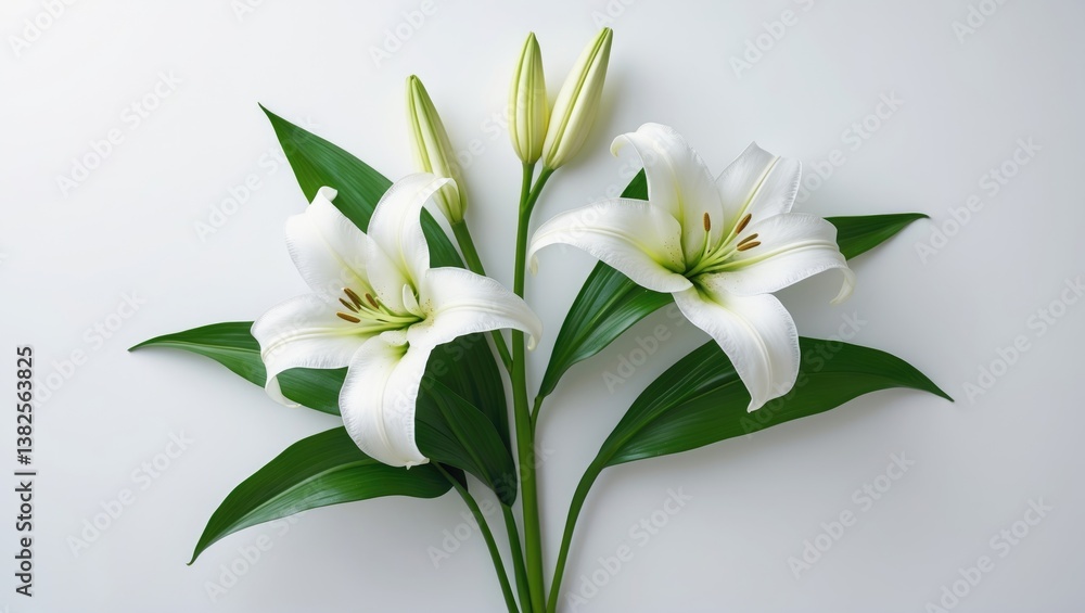 Fototapeta premium Fresh white lily blossom accompanied by green leaves.