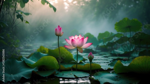 beautiful lotus flower blooming at sunset