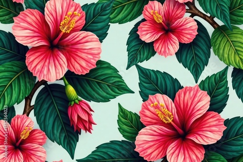 Wallpaper Mural Bold, vibrant hibiscus, tropical leaves, seamless repeat, green, art, pattern Torontodigital.ca