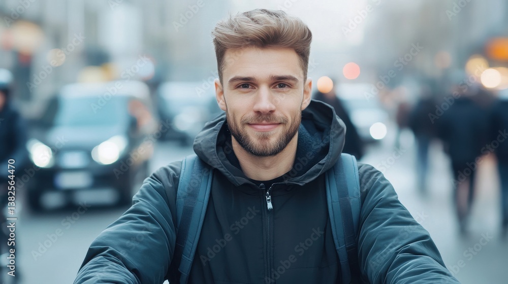 Fototapeta premium Young Man Smiling on Bicycle in Busy Urban Environment
