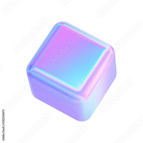 3d glass cube icon. Neon box isolated. Render hologram square shape. Y2k glow object with holographic effect. Futuristic gradient figure. Vector illustration