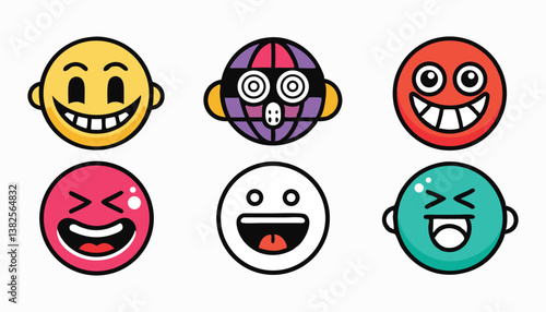 A collection of funny cartoon faces with various expressions and emotions, featuring smiley characters, monsters, and fun designs