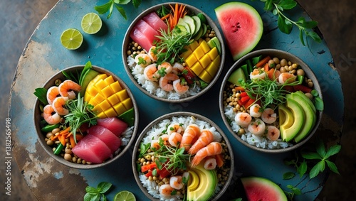 Wallpaper Mural Balanced diet poke bowls featuring tuna, salmon, shrimp, vegetables, legumes, avocado, and rice, set against a wood table background, viewed from above. Torontodigital.ca