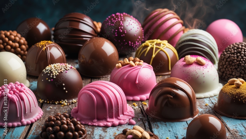 Gourmet specialty chocolate bonbons or pralines arranged in a tidy rectangle on a table viewed from above. Gourmet specialty chocolate bonbons or pralines arranged in a tidy rectangle on a table viewed from above.