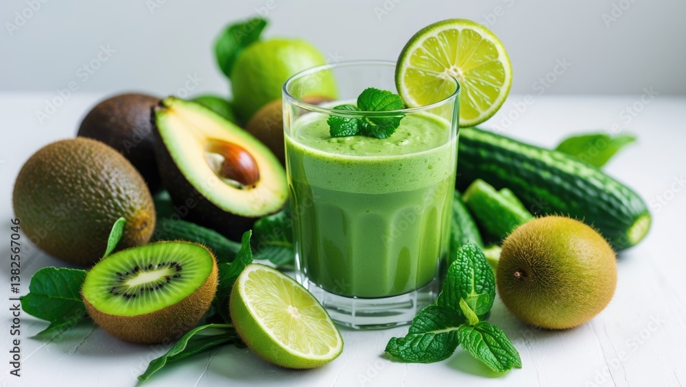 Green smoothie with fruits and vegetables set against a background. Green smoothie with fruits and vegetables set against a background.