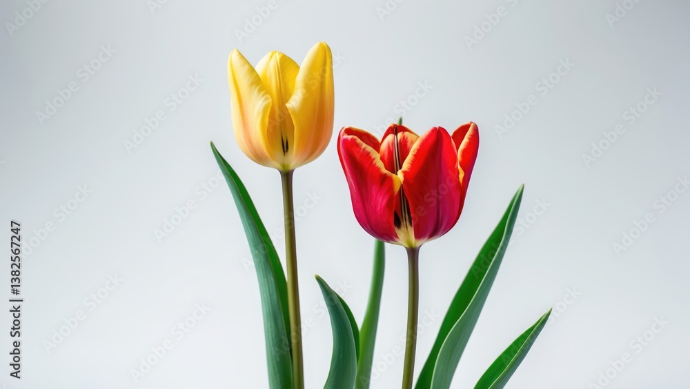 Fototapeta premium Vibrant yellow and red tulips isolated on a white background.
