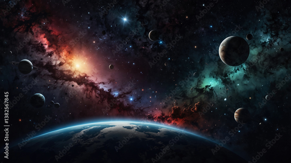 Obraz premium 宇宙空間に浮かぶ星雲と惑星