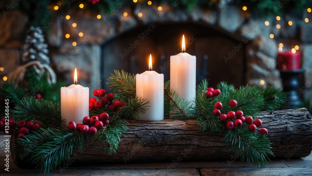 Yule log for Christmas featuring three glowing candles. Yule log for Christmas featuring three glowing candles.