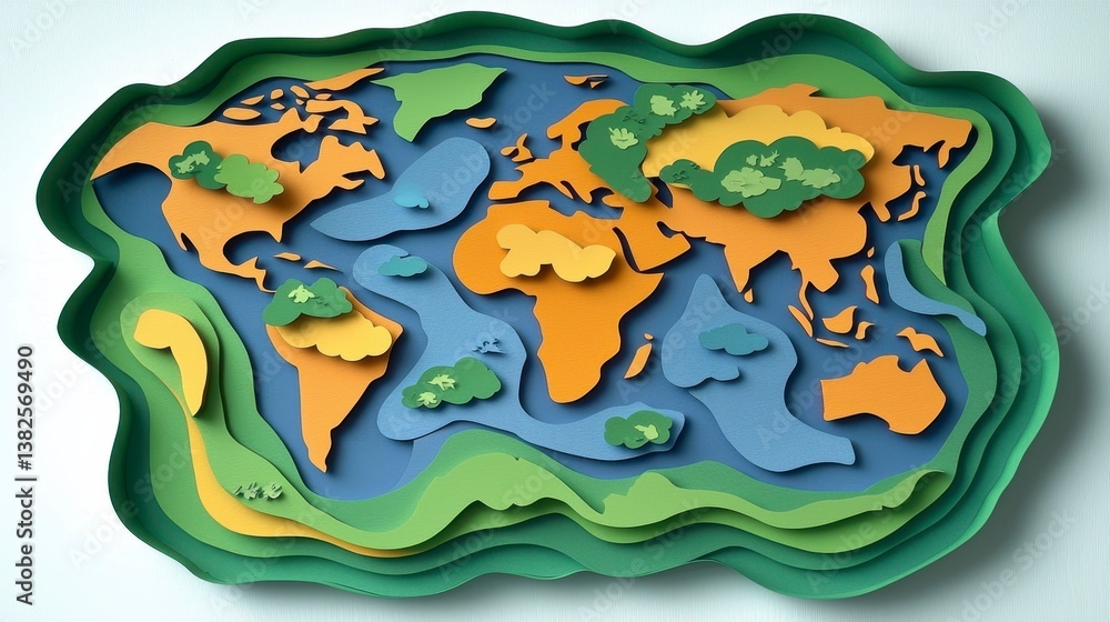World map with layered relief, showing continents and oceans, 3D paper cut design, for educational purposes World map with layered relief, showing continents and oceans, 3D paper cut design, for educational purposes