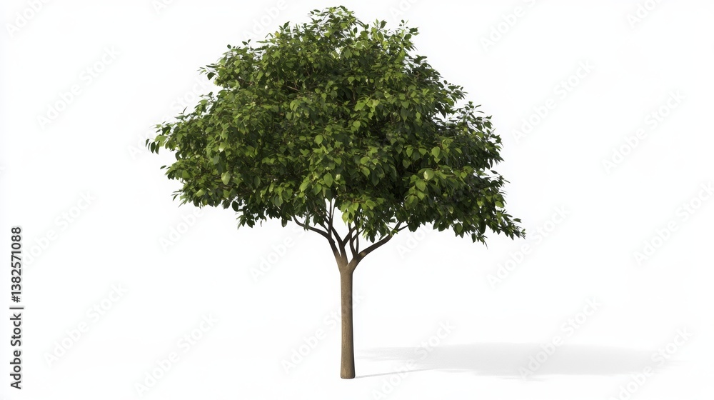 Obraz premium Lush green tree stands alone in a bright setting showcasing vibrant foliage and sturdy trunk with soft shadows on a white background, isolated on white background
