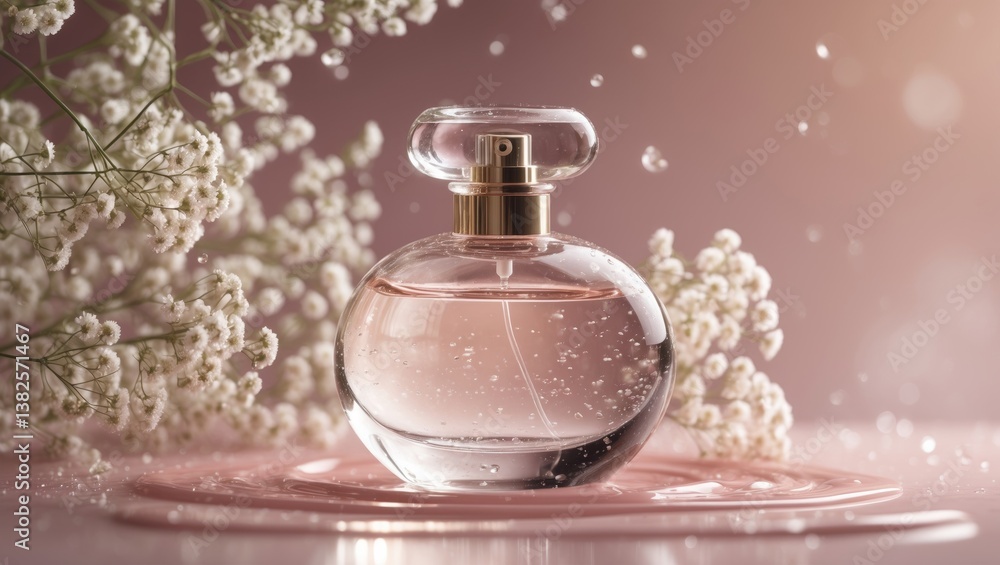 Glass perfume bottle in background with a floral arrangement and water splash. Glass perfume bottle in background with a floral arrangement and water splash.