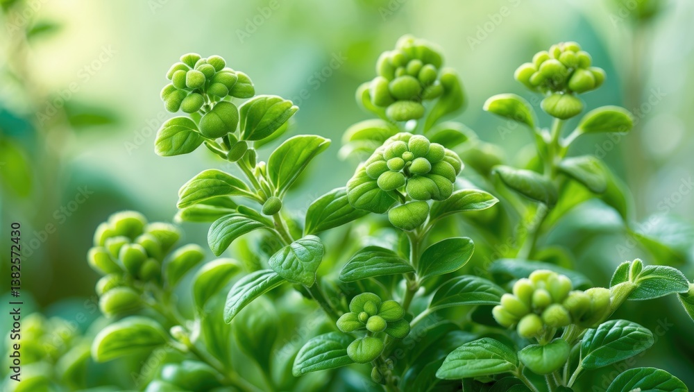 Close-up macro of Green Lemon Thyme plant. Cooking ingredient with aromatic seasoning. Thyme herb cultivated in the garden. Organic green thyme plant. Close-up macro of Green Lemon Thyme plant. Cooking ingredient with aromatic seasoning. Thyme herb cultivated in the garden. Organic green thyme plant.