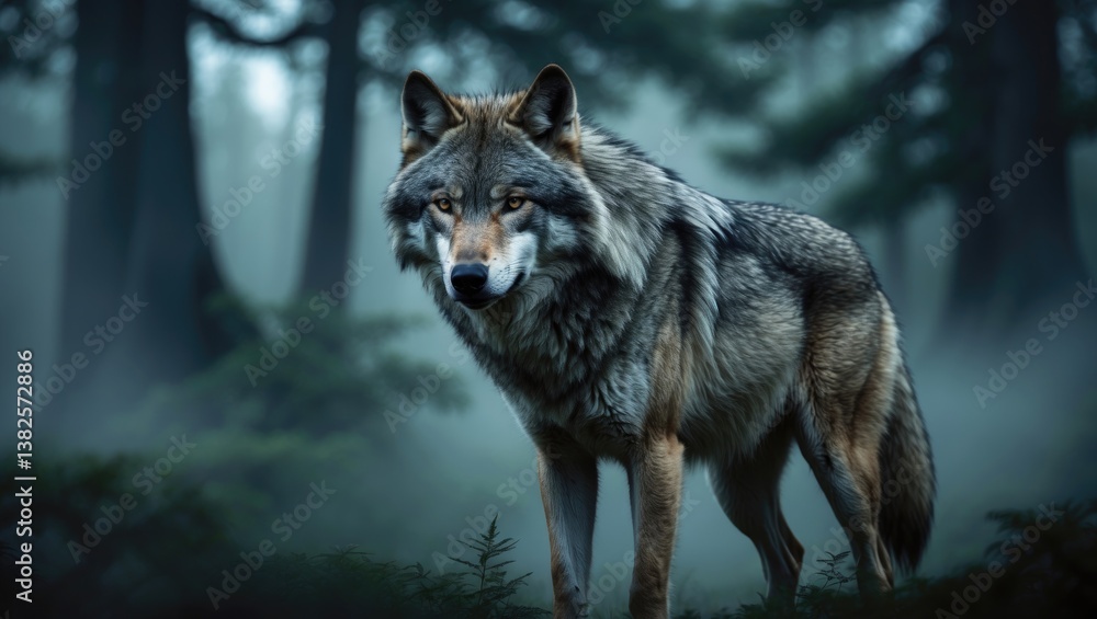 Fototapeta premium Gray wolf, often referred to as timber wolf, solitary in the forest.