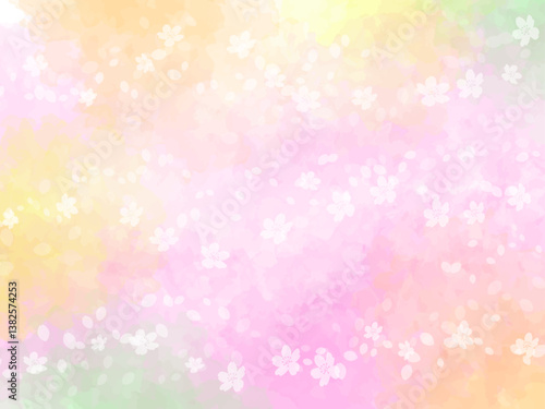 春の桜と花びらイメージのテクスチャー背景素材。桜並木と春の花々や草木と桜吹雪が重なるイメージ。