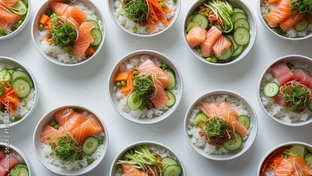 Collage of various poke bowls displayed against a white background. Collage of various poke bowls displayed against a white background.
