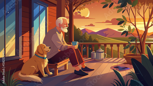 Elderly man sits with his golden retriever. Senior man relaxing on porch with dog at sunset. Content man and dog enjoy quiet evening.