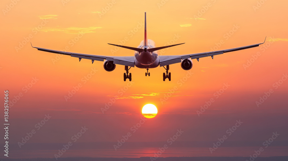 Airplane flying towards a sunset over the horizon. Airplane flying towards a sunset over the horizon.