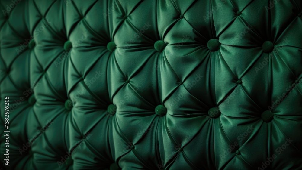 Close-up view of a dark green genuine leather upholstery texture featuring a deep diamond pattern and buttons.